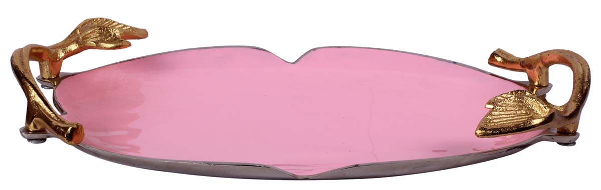 Buy in Bulk Wholesale Metal Tray with Leaf Handles - 15.5” Hand-Enamelled Decorative Pink Golden - Modern Home Decor